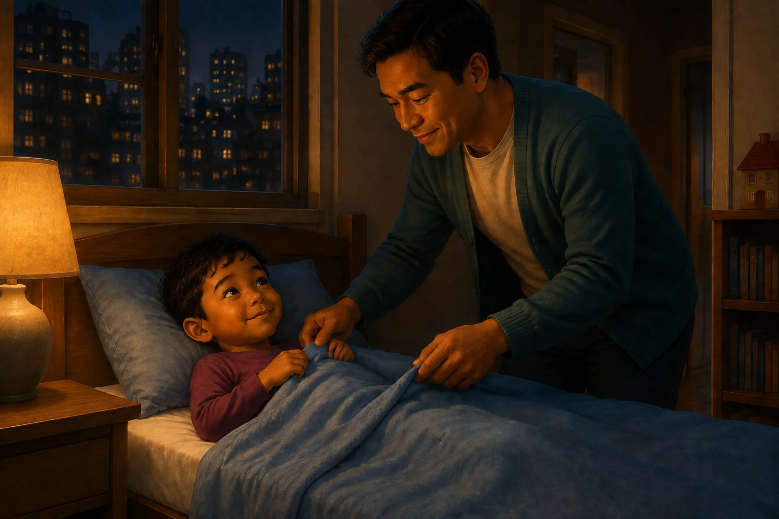 Dad tucks the blue blanket around Koa, who smiles up from his pillow in plum pajamas.