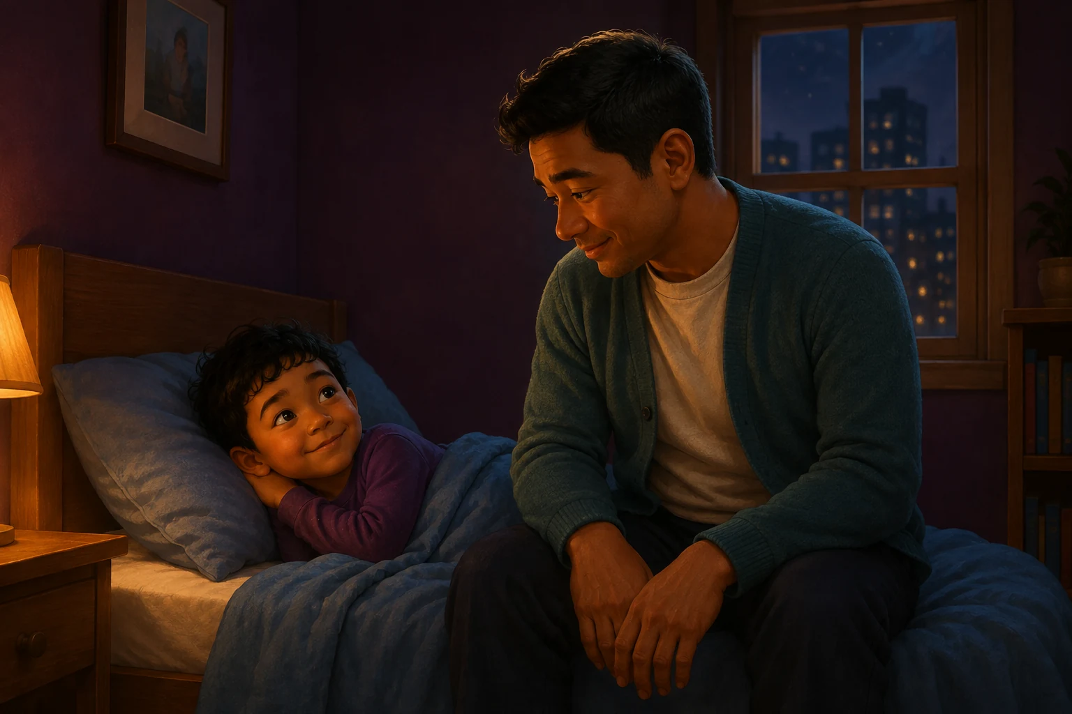 Dad sits on the bed's edge while Koa lies beneath the blue blanket and listens beside him.