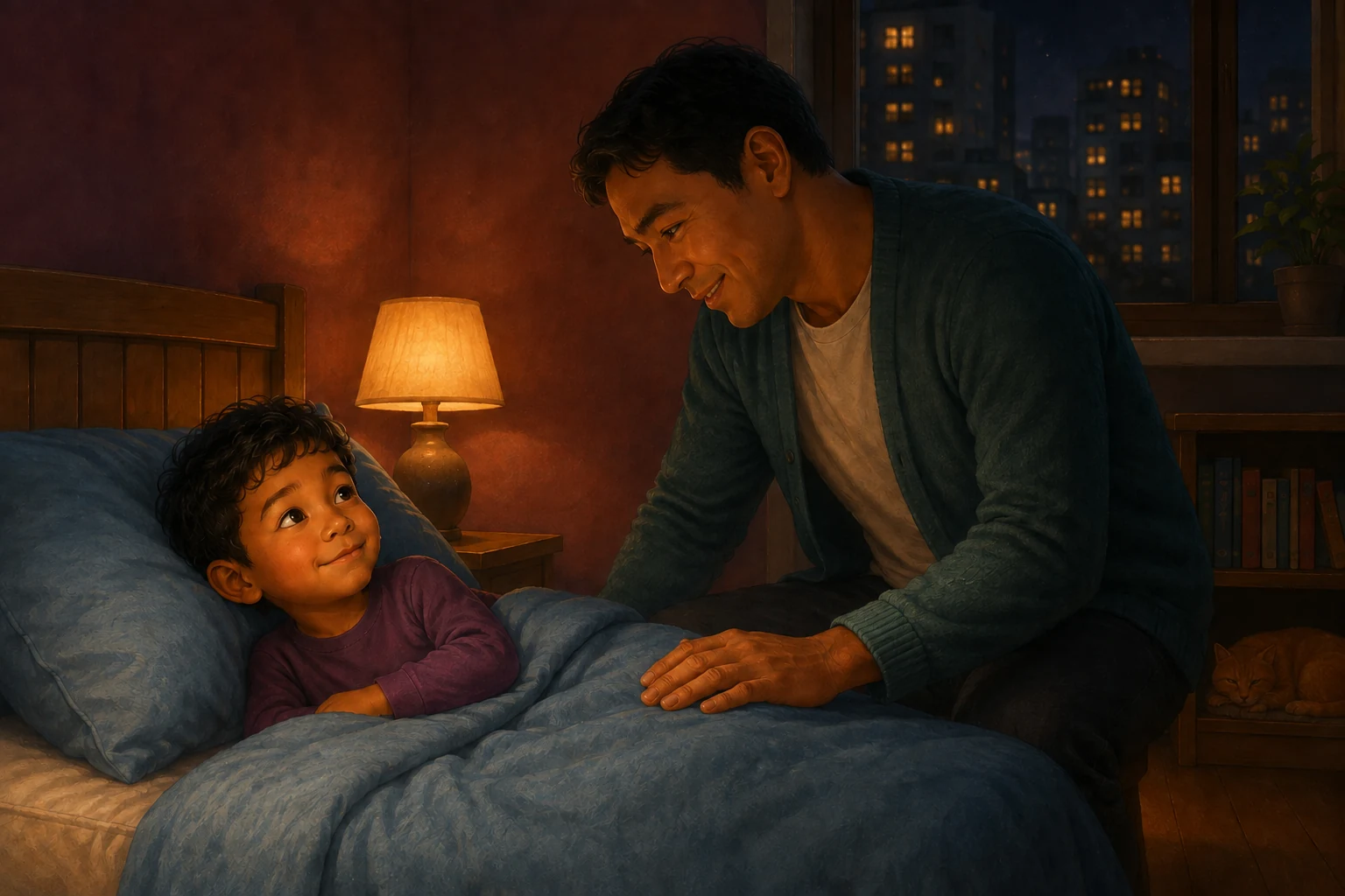 Dad leans close with one hand resting on the blue blanket as Koa gives him a quiet goodnight.