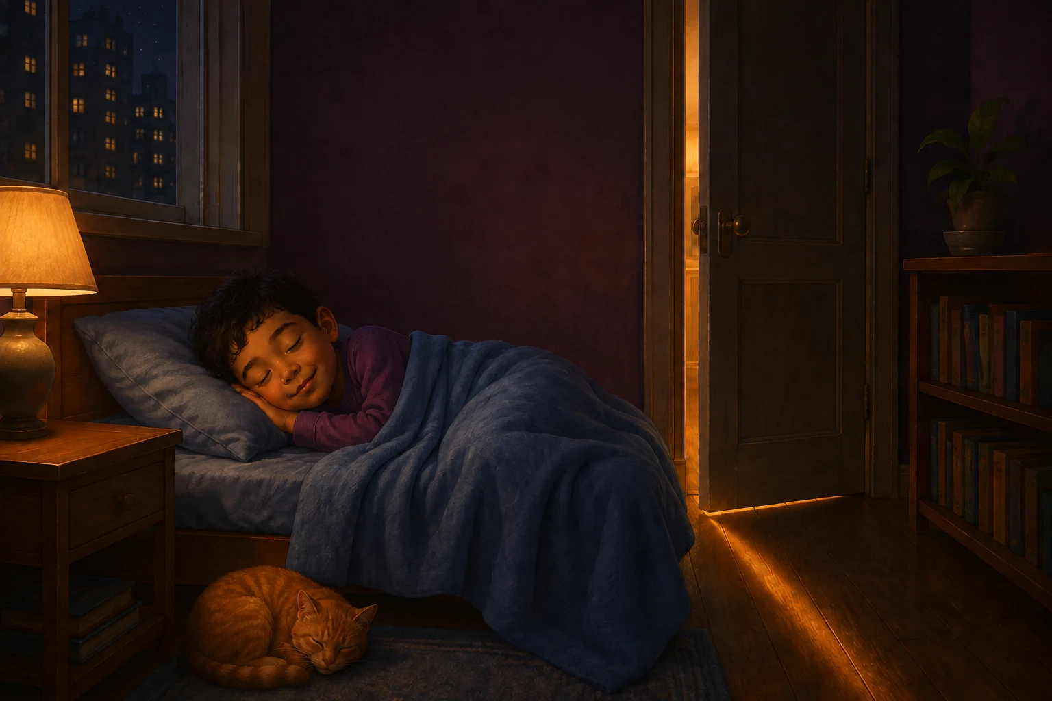 Koa sleeps under the blue blanket while the orange cat curls on the floor and light enters through the partly open door.