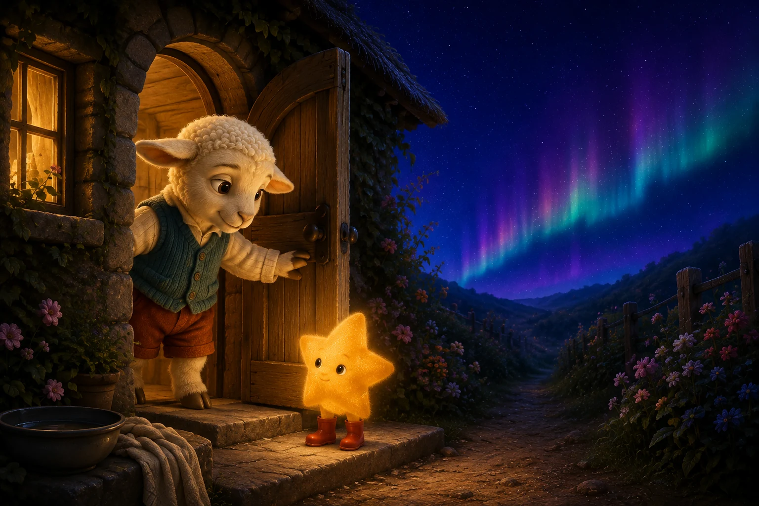 Mallo opens his cottage door to a little golden star wearing red boots beneath the aurora.
