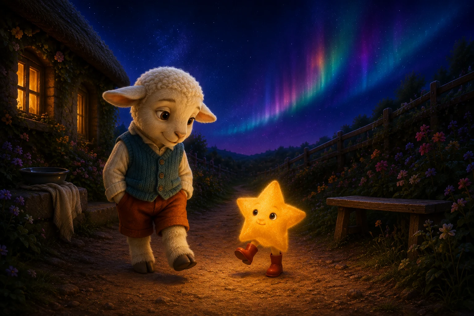 Mallo and the star each lift a foot as they begin walking along the garden path.