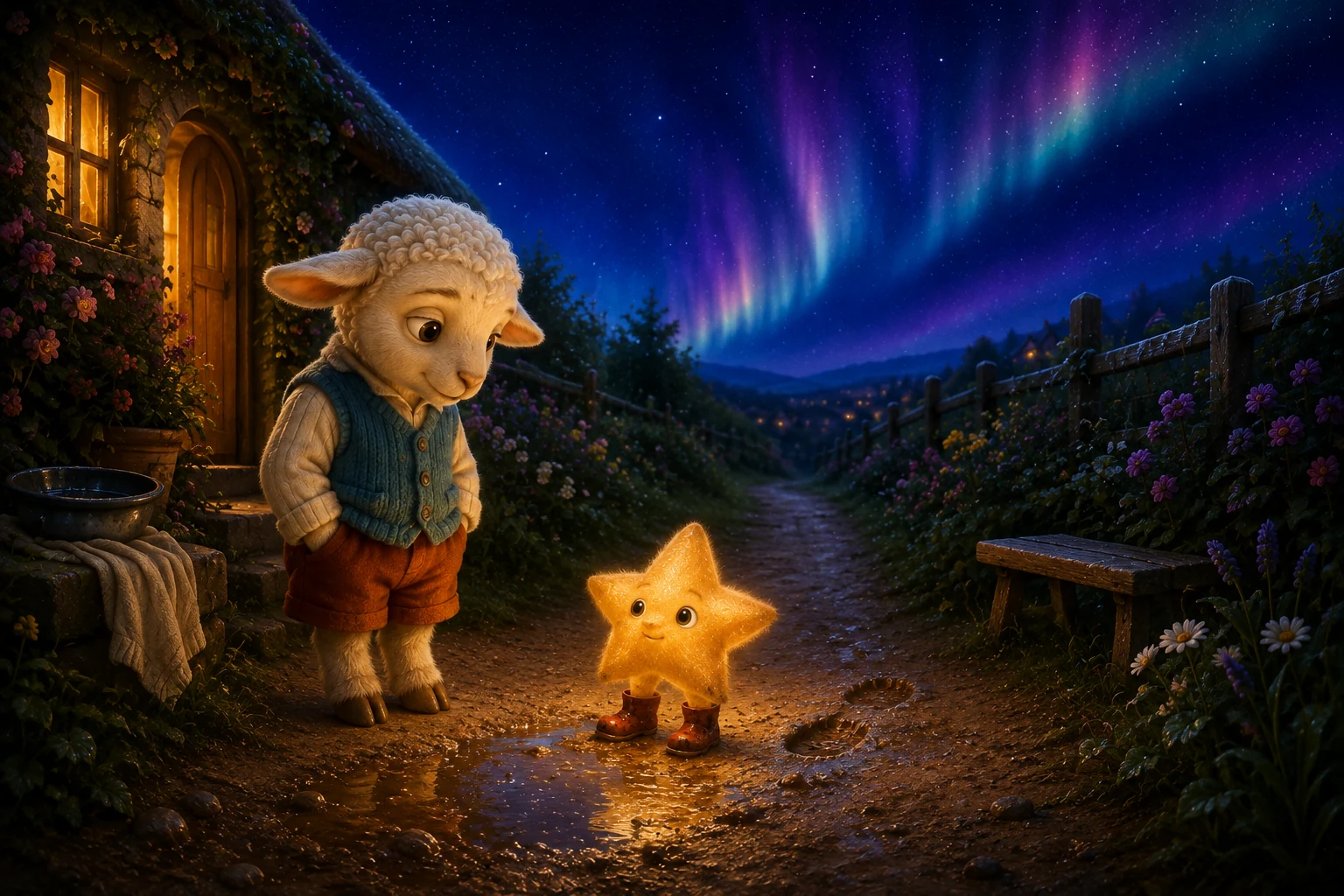 The star stands in a muddy puddle while Mallo watches beside the warm cottage doorway.