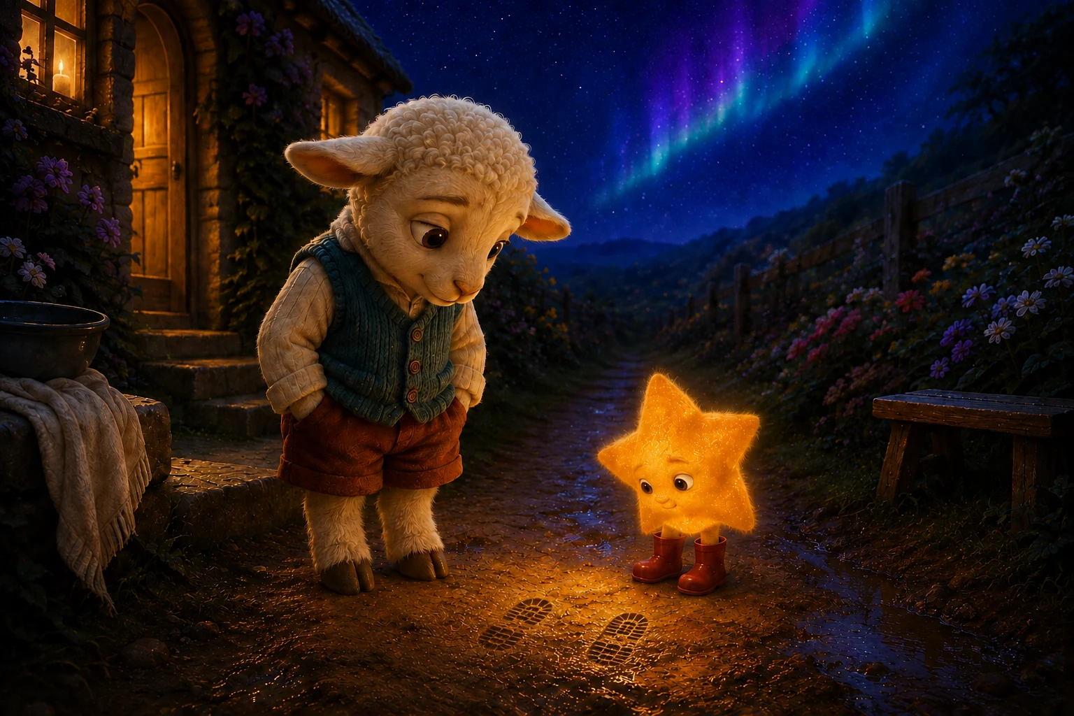 Mallo and the star look down at two rubber boot prints pressed into the wet path.