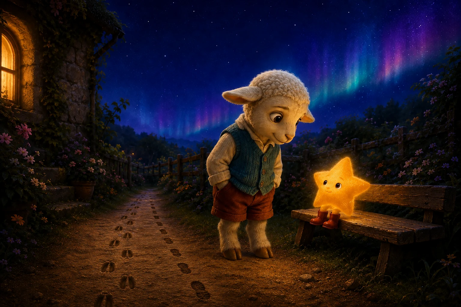 The star rests on a wooden bench while Mallo studies their different hoof and boot tracks.