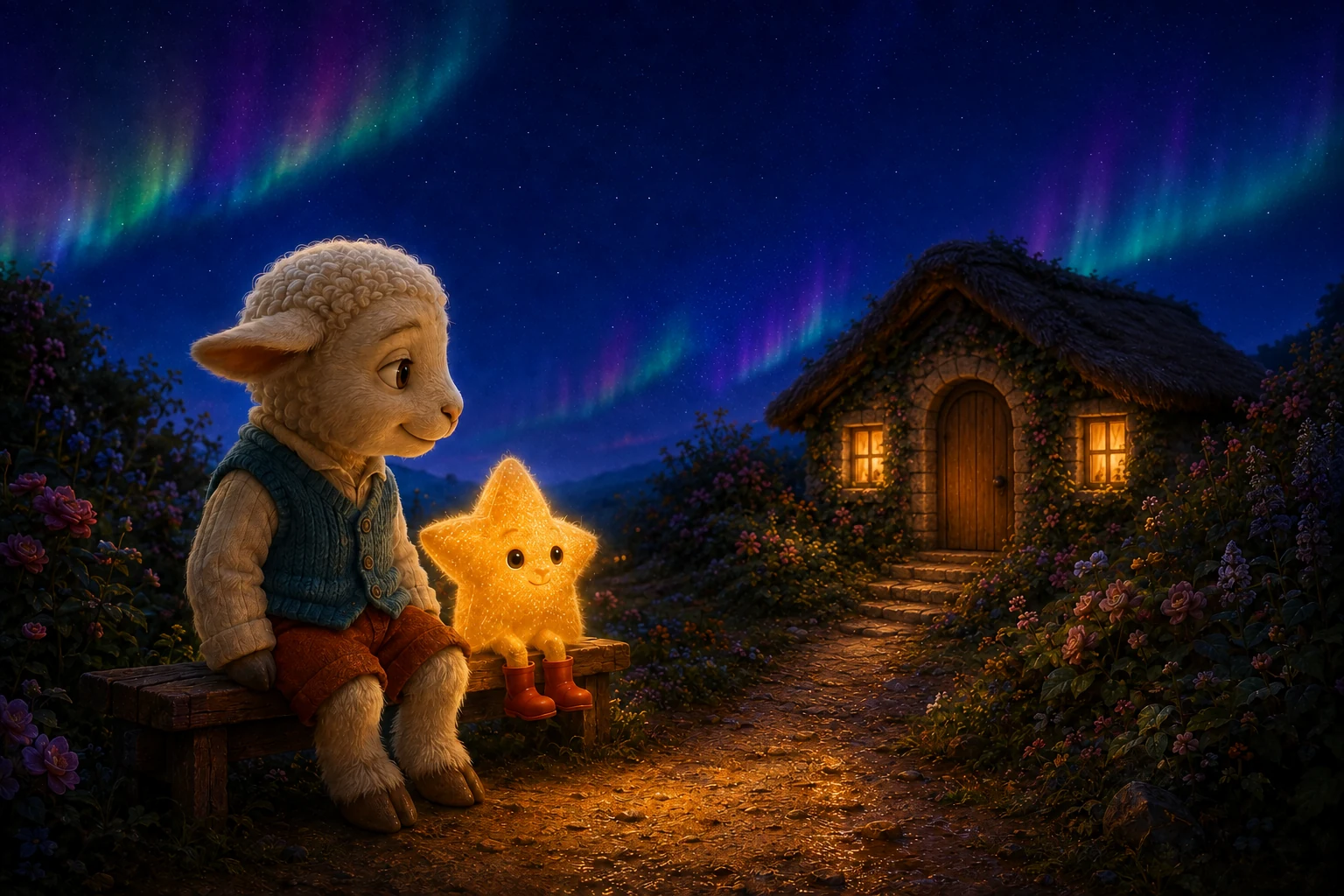 Mallo sits beside the star on the bench, facing their small cottage across the evening garden.