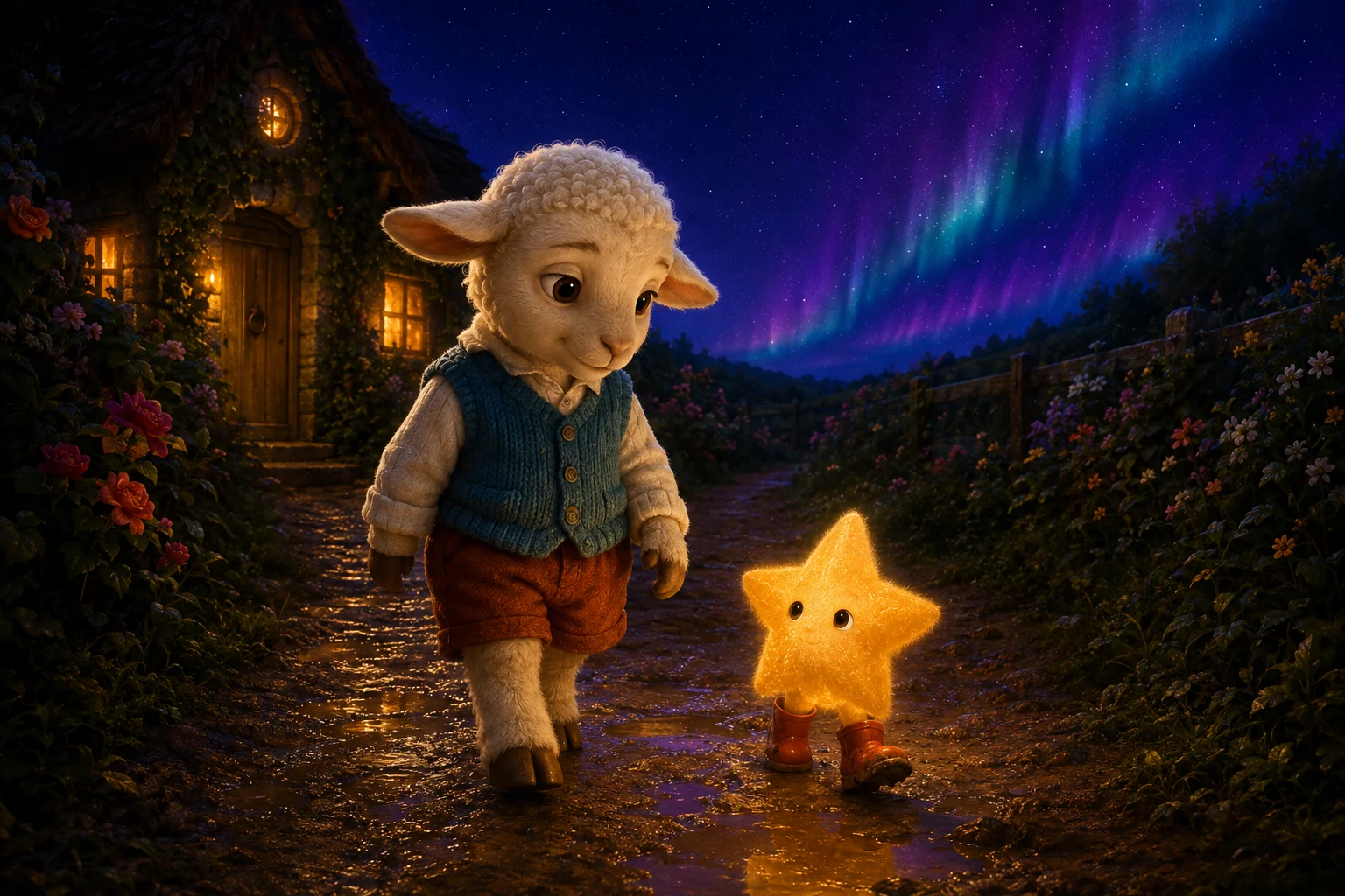 Mallo and the star walk back along the wet path toward the cottage after their rest.