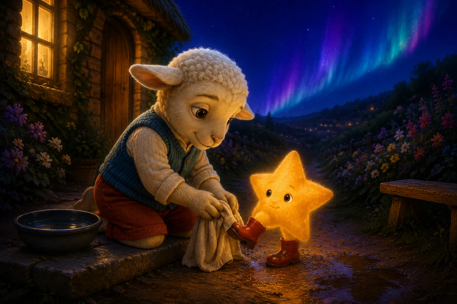 Mallo kneels at the step and wipes the star's lifted red boot with a soft cloth.