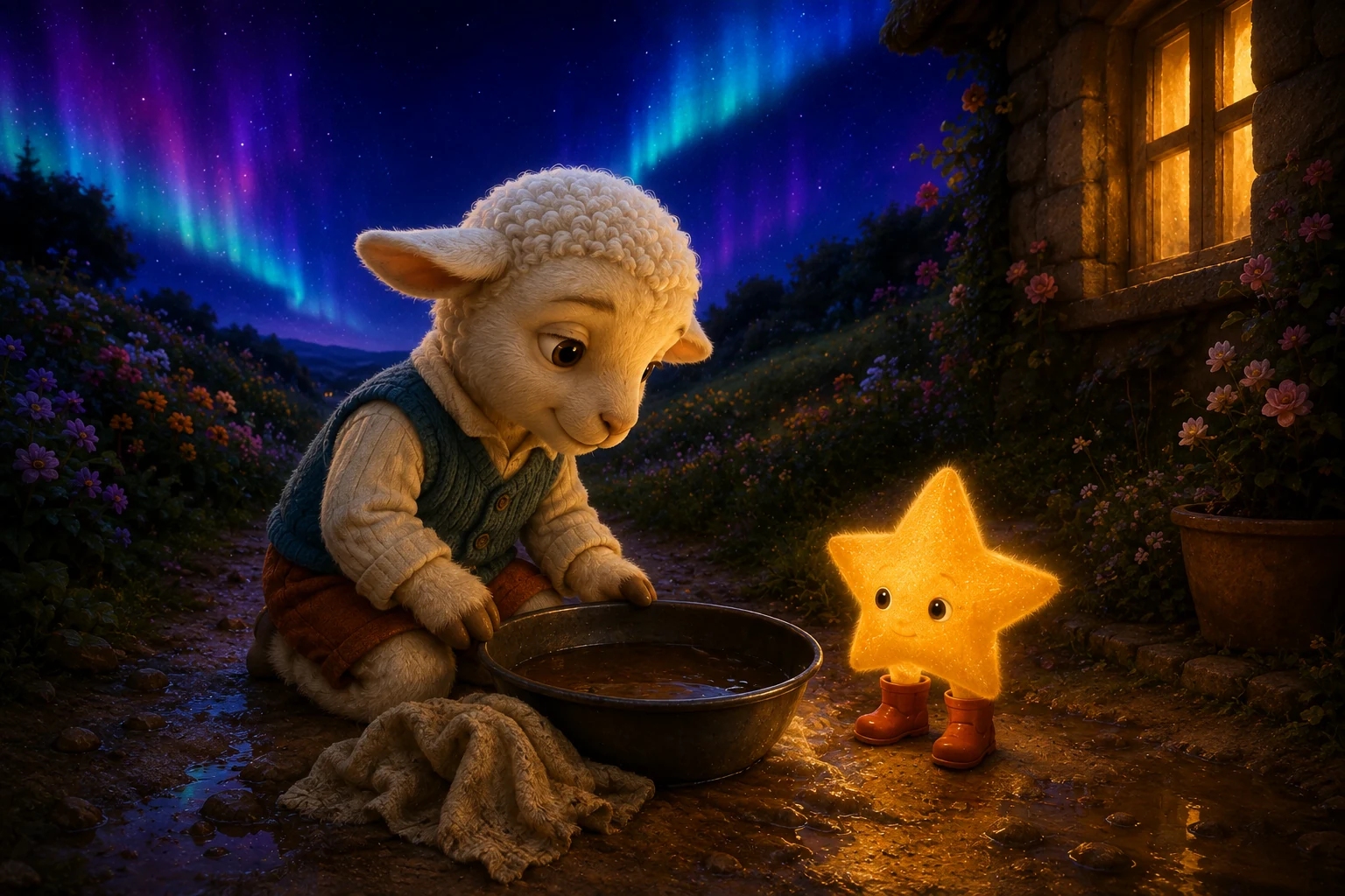 With both red boots clean, the star watches Mallo beside a basin of brown water.