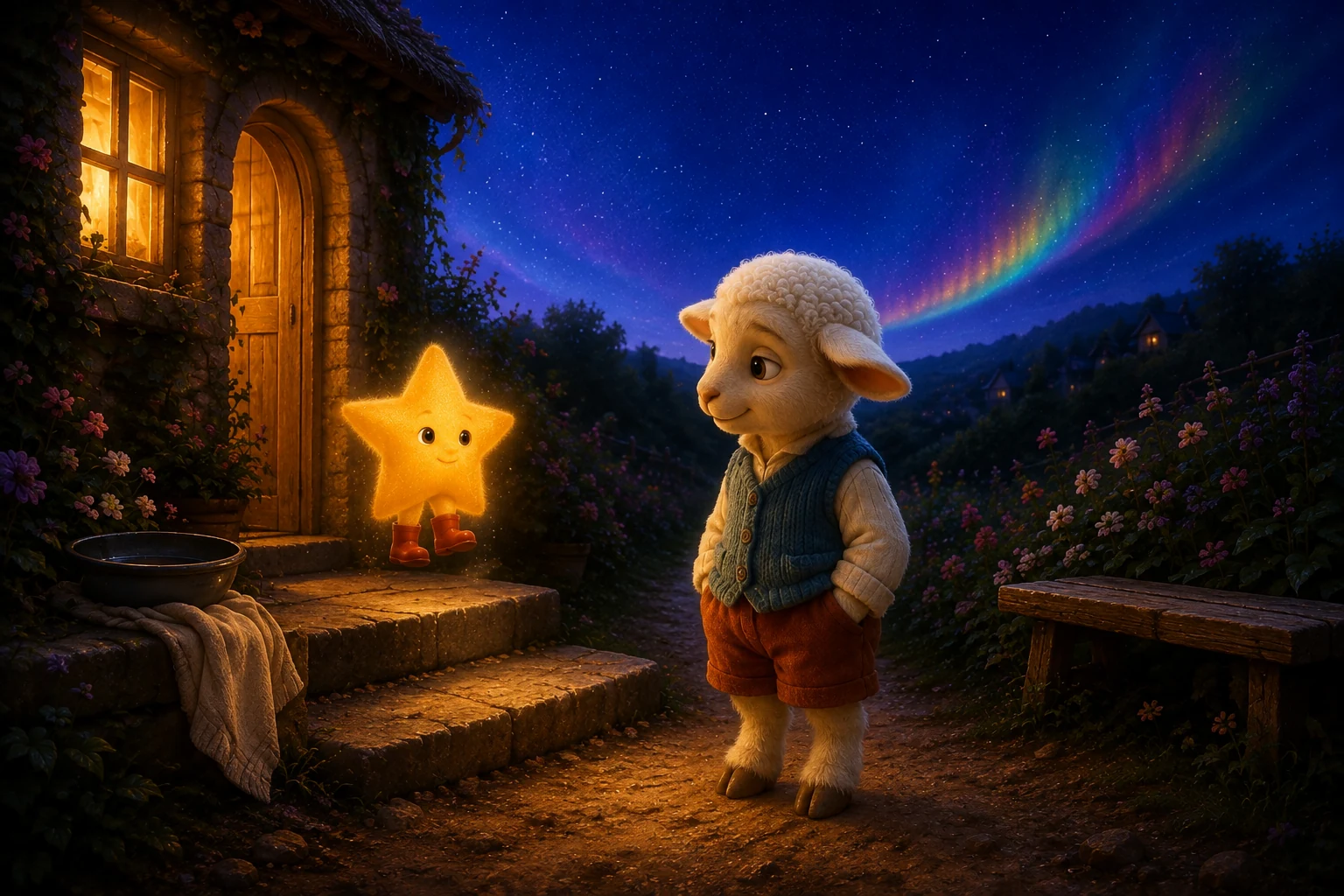 The star floats just above the cottage step while Mallo stands nearby and watches it rise.