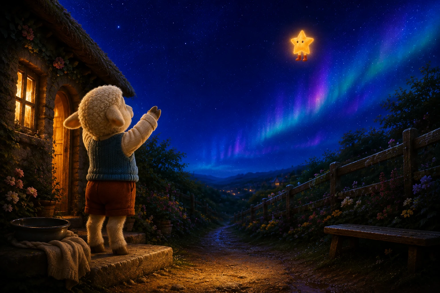 Mallo raises a hoof toward the little star, now high above the garden with its red boots.