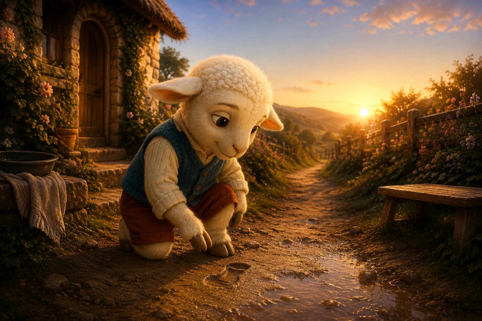 At sunrise, Mallo kneels beside the remaining boot prints in the path outside his cottage.
