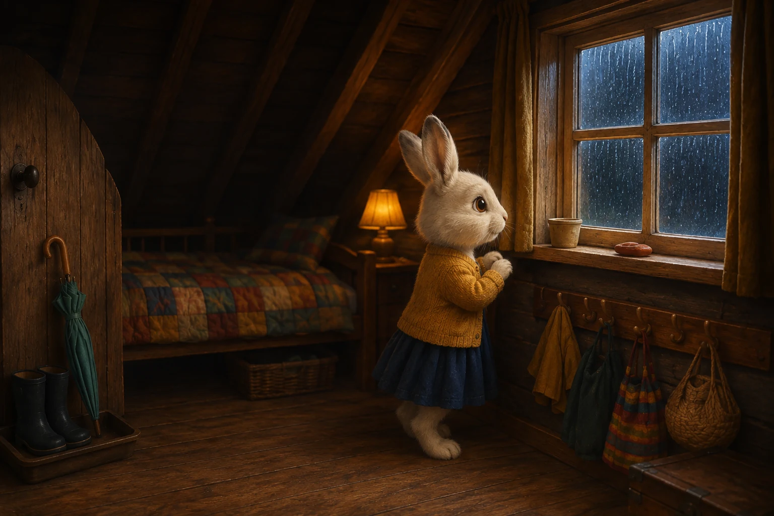 Dotti stands at the rainy attic window while her closed teal umbrella waits beside the wooden door.