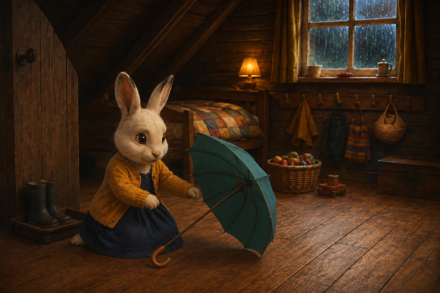 Dotti kneels beside an opened teal umbrella, examining its small roof and curved wooden handle.