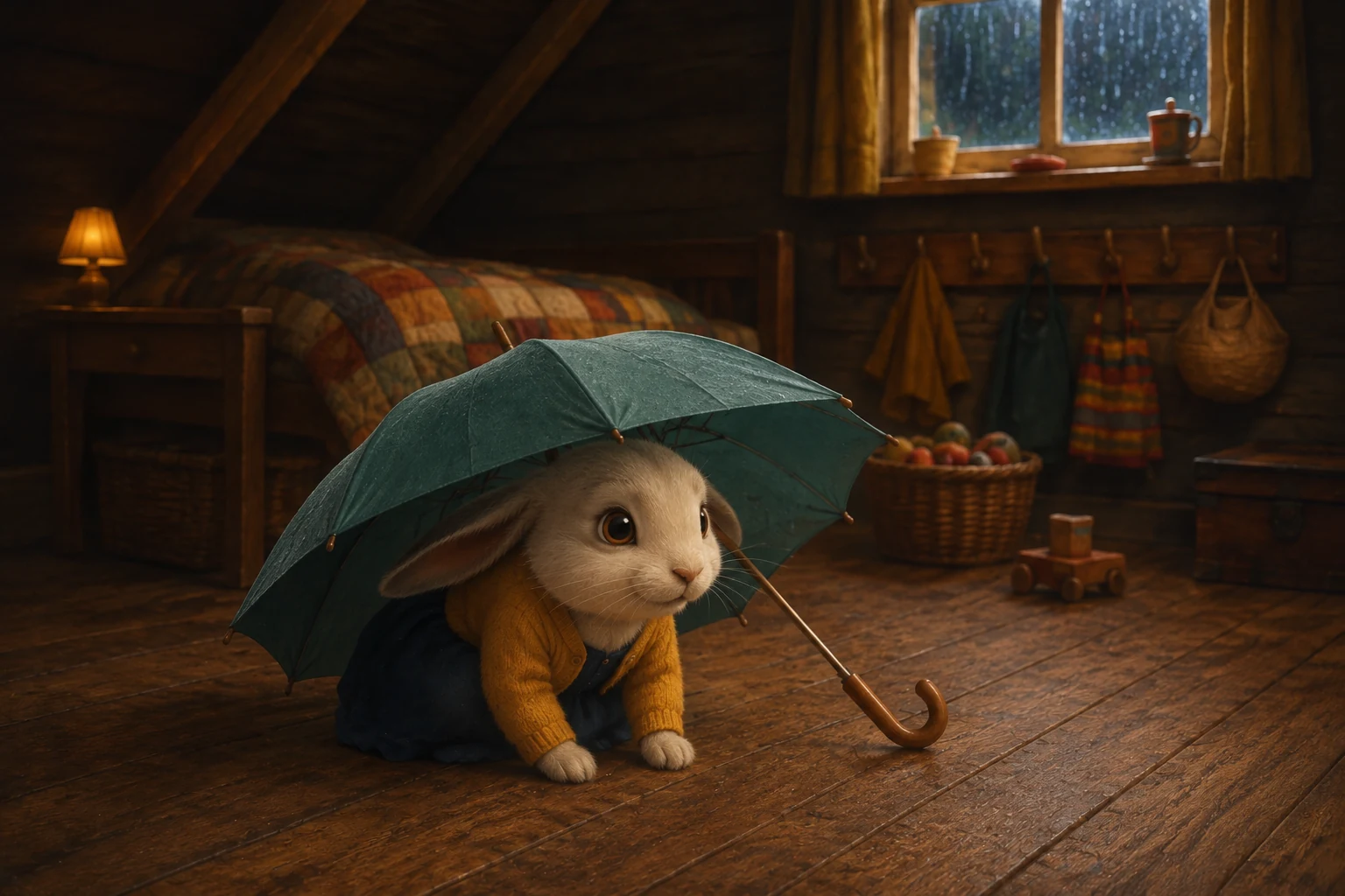 Dotti crouches under the umbrella canopy with her long ears laid back beneath its edge.