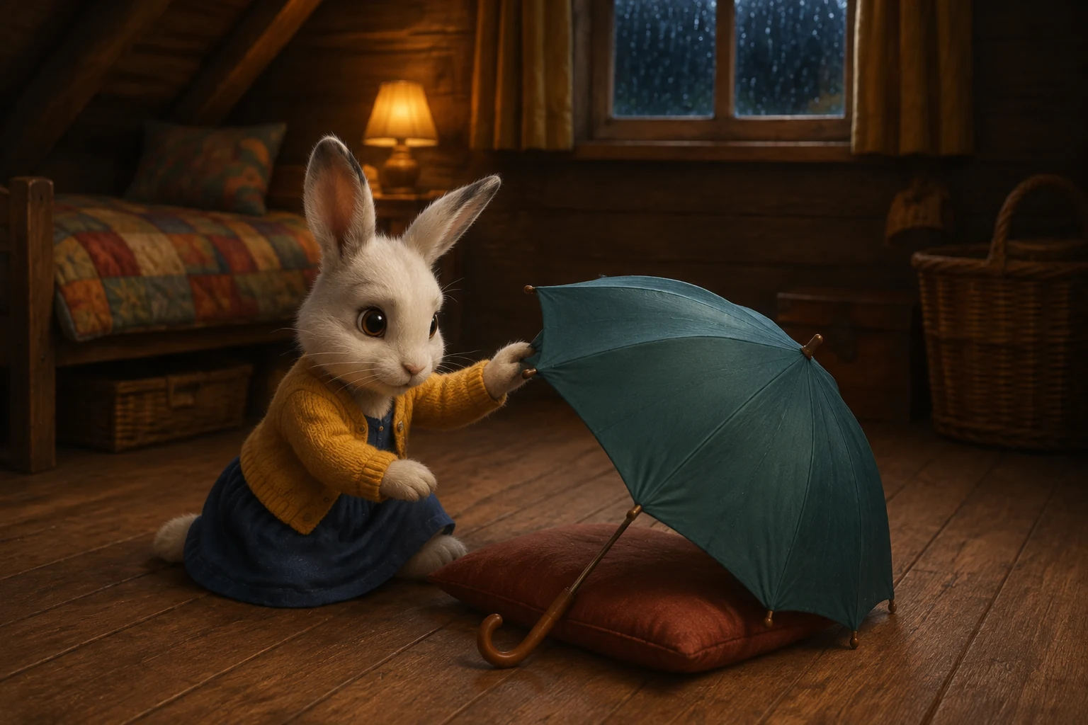 Dotti pushes the edge of the tilted umbrella back into place beside the red cushion.