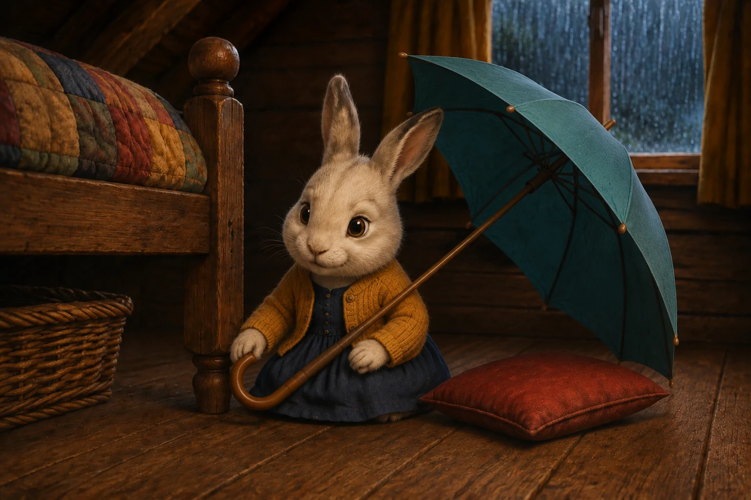 Dotti steadies the umbrella's connected curved handle beside the bed leg, with the red cushion underneath its canopy.