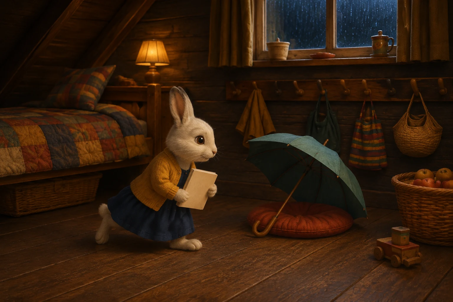Dotti carries a small cream-colored book toward the open umbrella and its waiting red cushion.