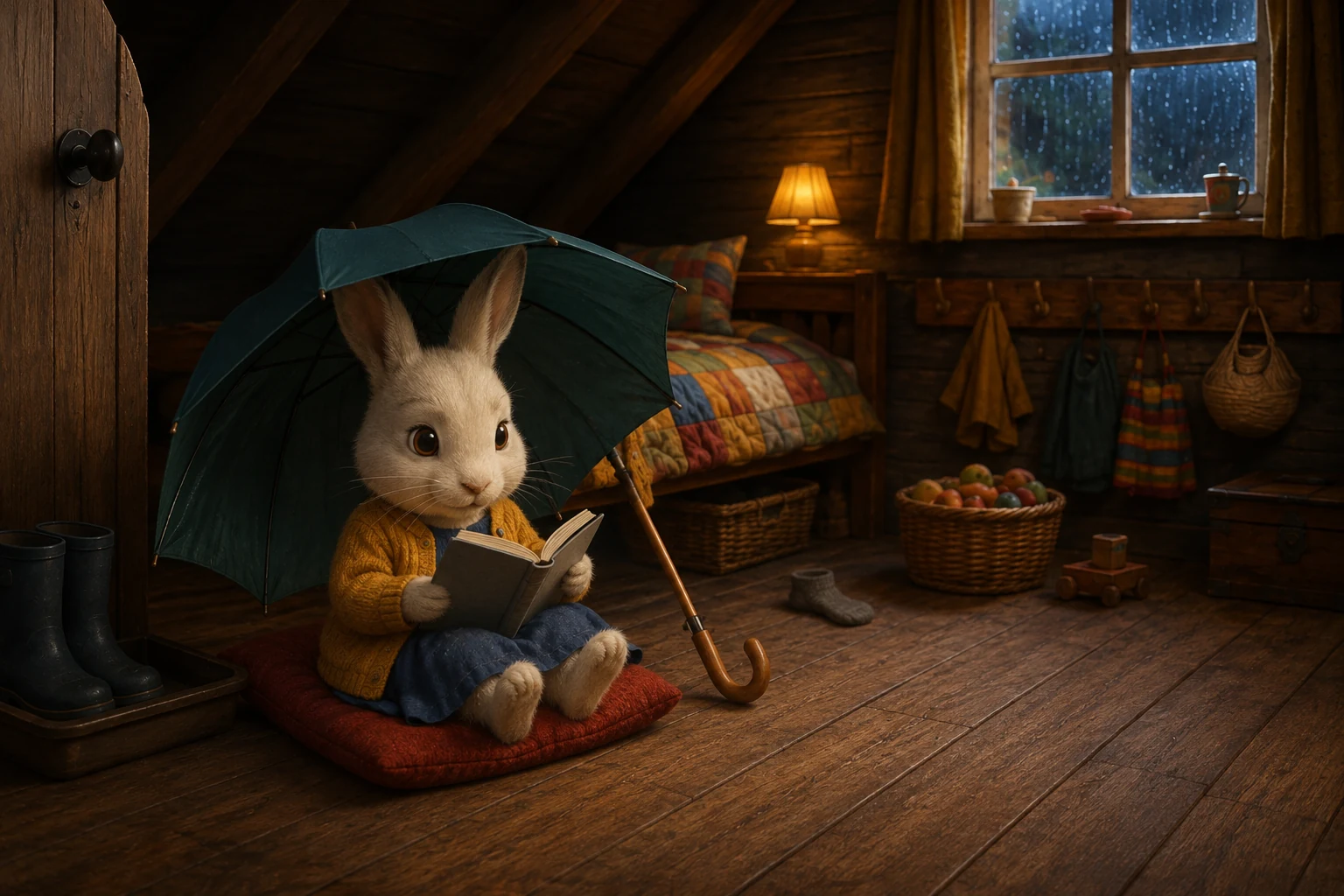 Dotti reads her open book on the cushion under the umbrella, with a stray sock beyond her tent.