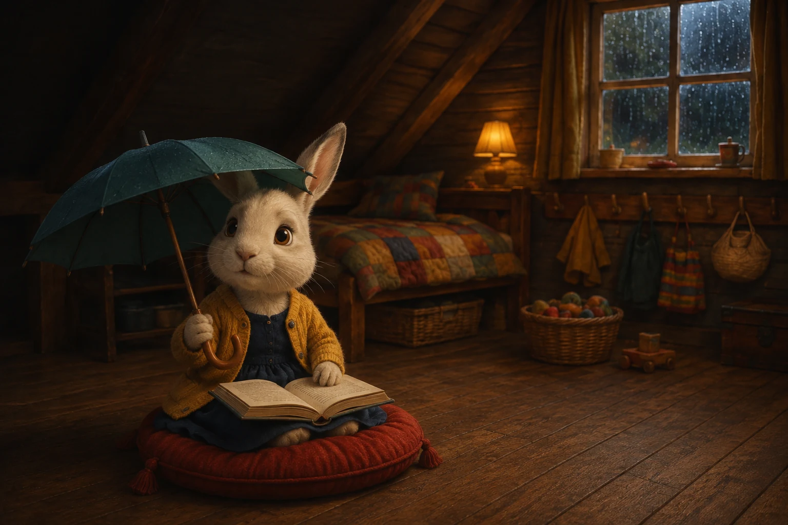 Dotti pauses with the book open on her lap, raising one ear beneath the umbrella as she listens.
