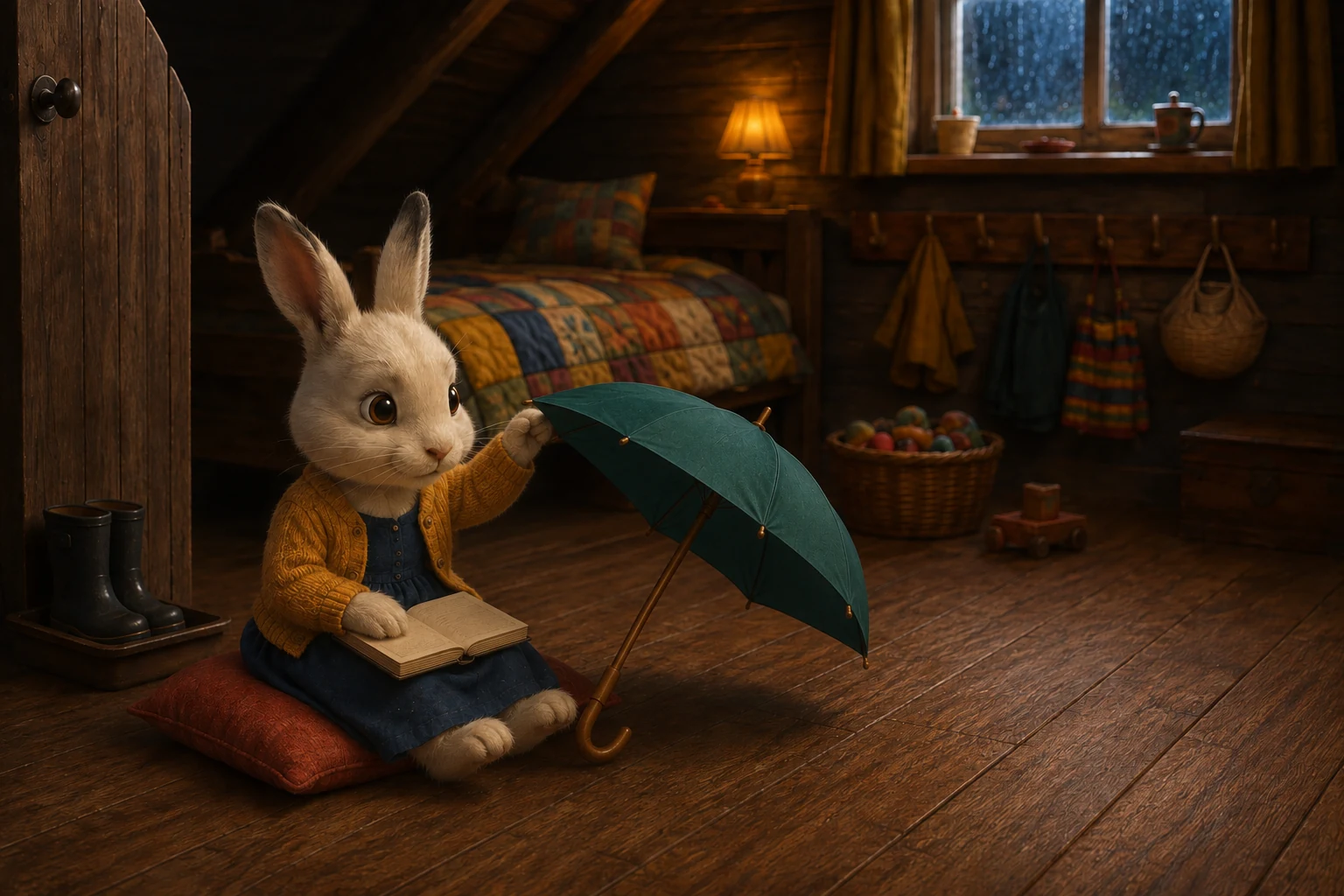 Dotti lifts the umbrella edge with one paw and looks out at her familiar attic room.