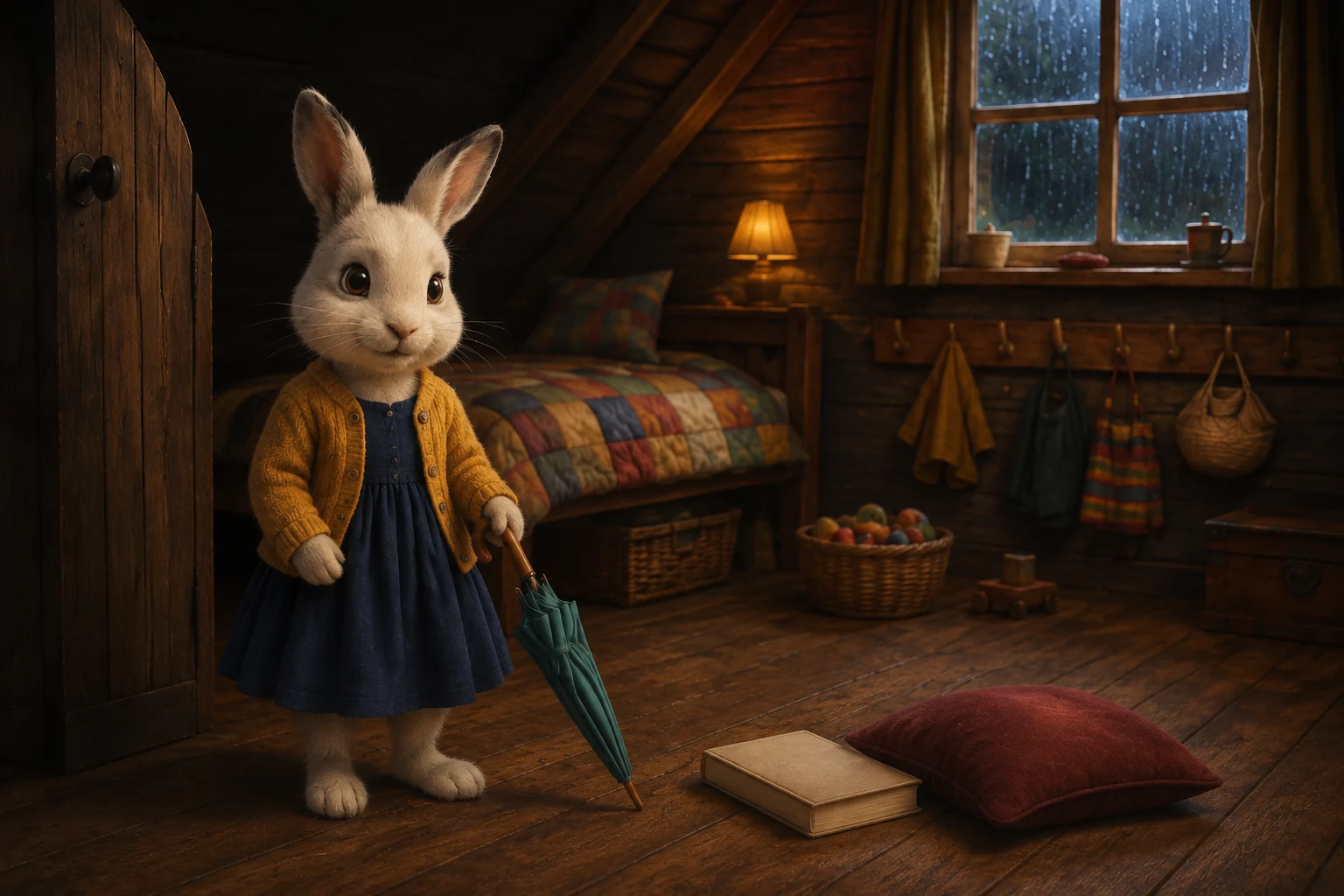 Dotti stands holding the closed umbrella beside the closed book and red cushion on the floor.