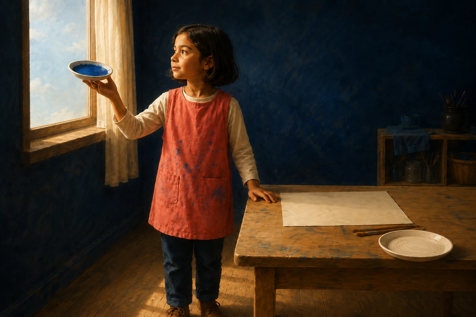 Leni holds a dish of dark blue paint beside the window, comparing it with the pale sky.