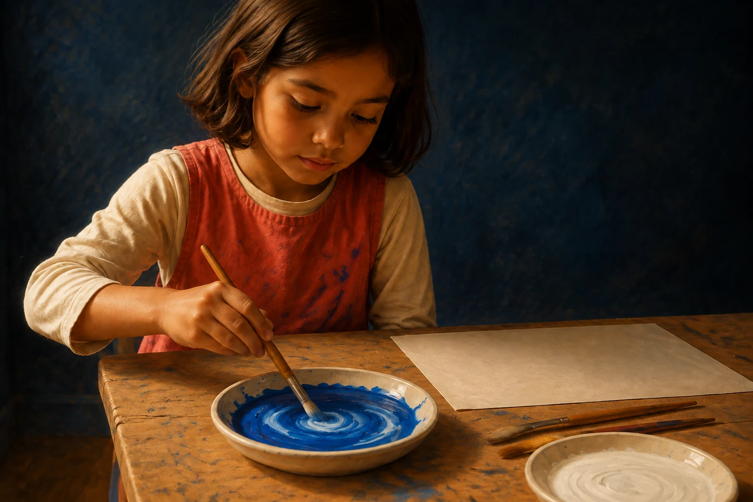 Leni stirs a ribbon of white into dark blue paint while fresh paper waits on the table.