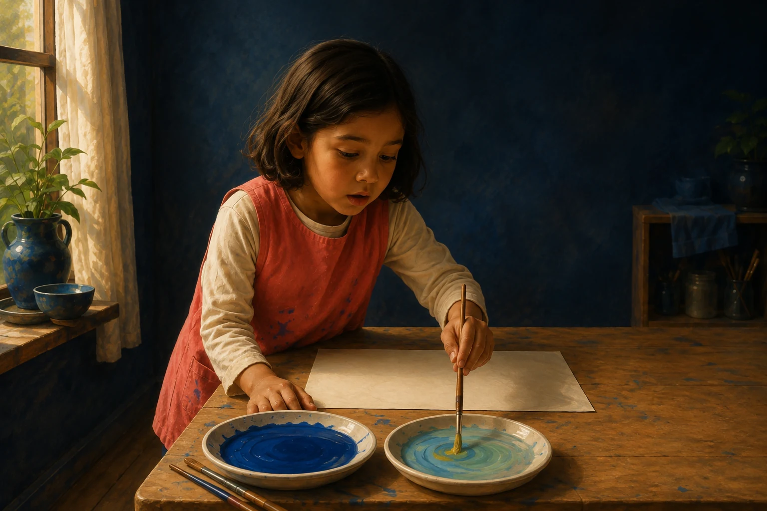 Leni bends over a pale blue mixture as her brush brings a small yellow touch into it.