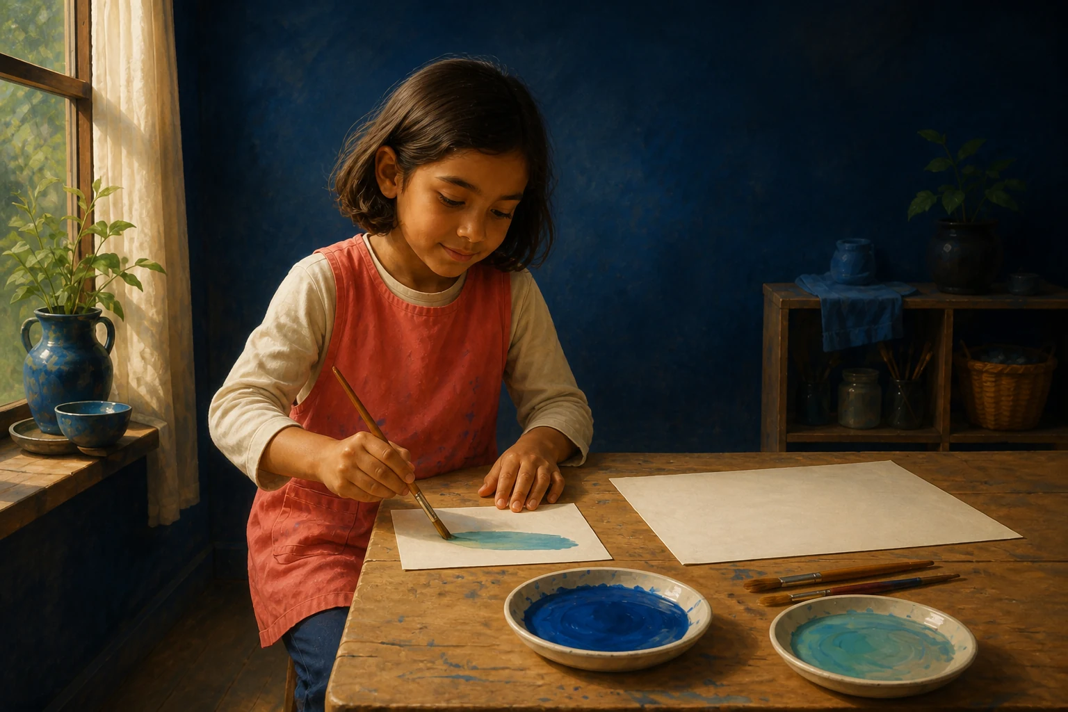 Leni paints one pale blue-green stripe on spare paper beside a larger clean sheet.