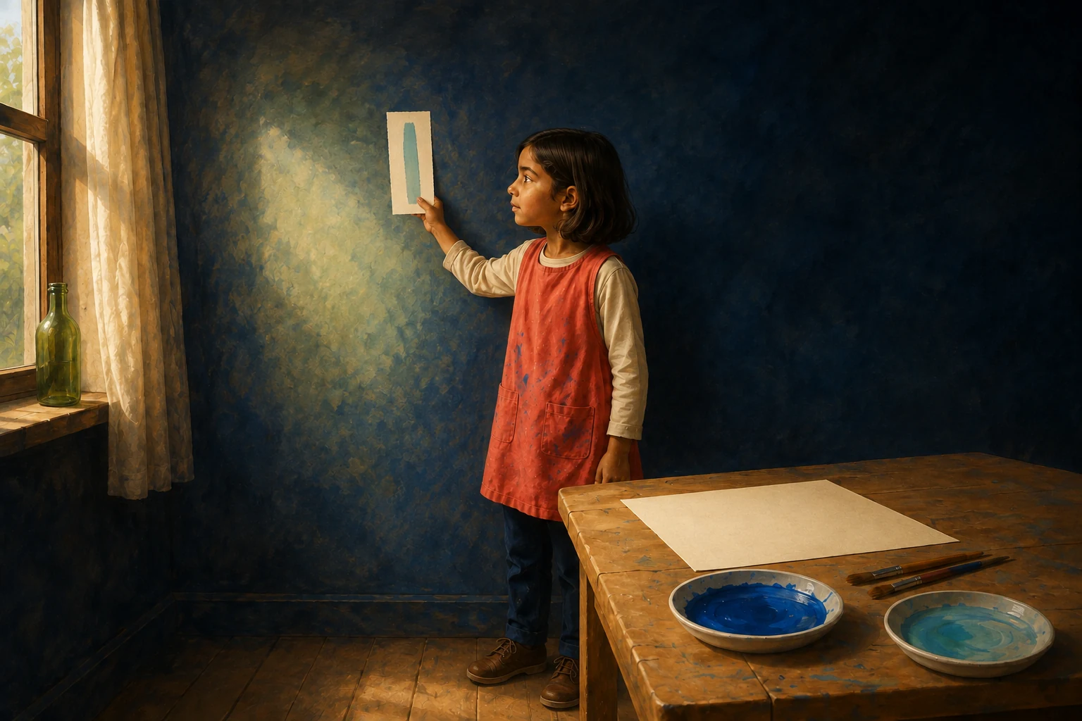 Leni holds her painted stripe beside a patch of light near a green bottle on the windowsill.