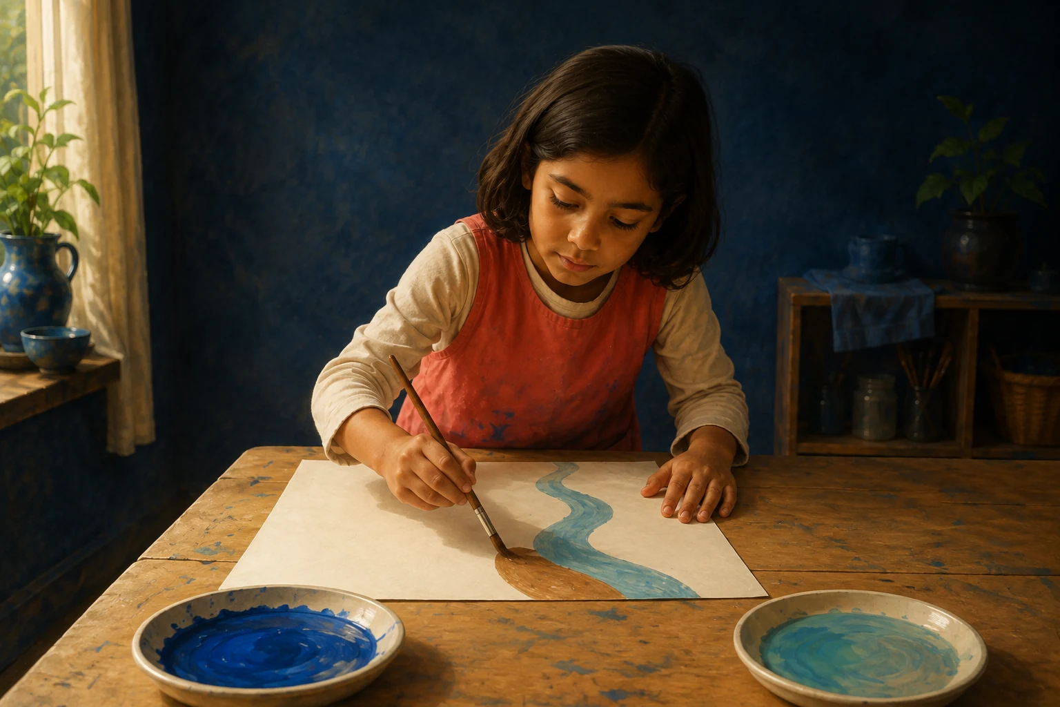 Leni paints a brown bank along the bending blue-green stripe on her new picture.