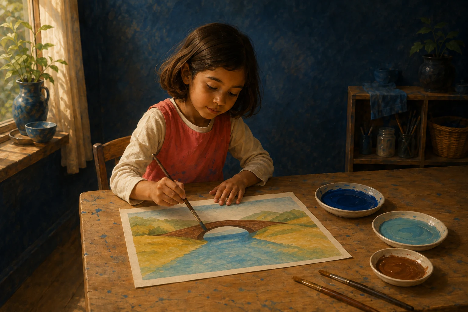 Leni adds a simple brown bridge across blue-green water between yellow fields and soft green hills.