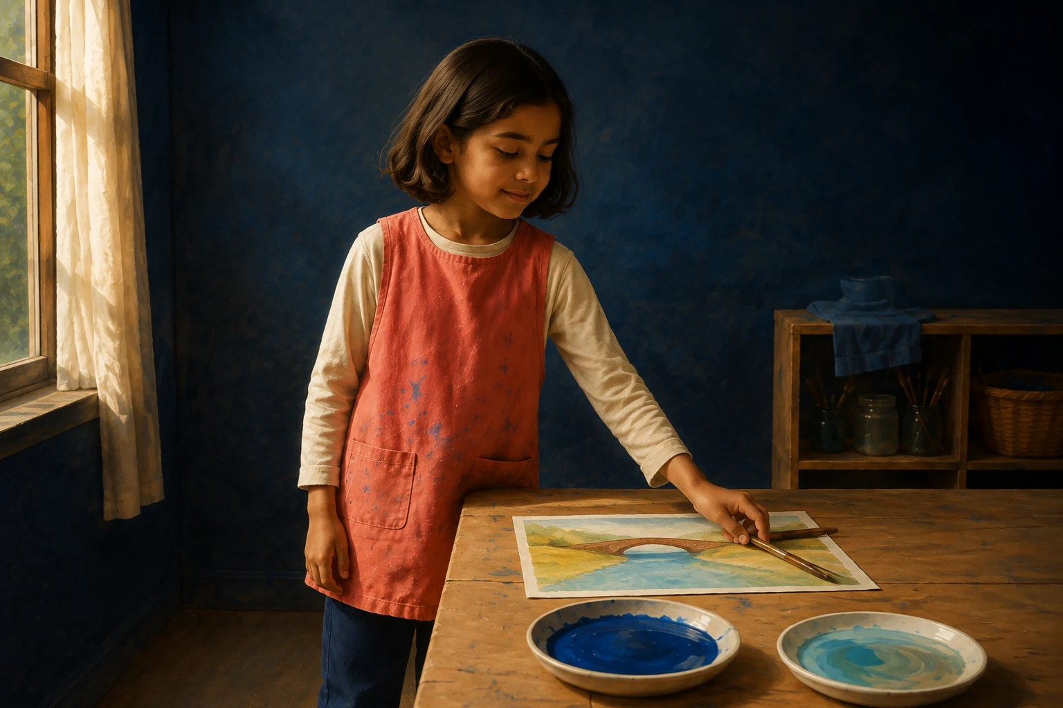 Leni sets her brush beside the finished river picture, leaving a clean white paper border.