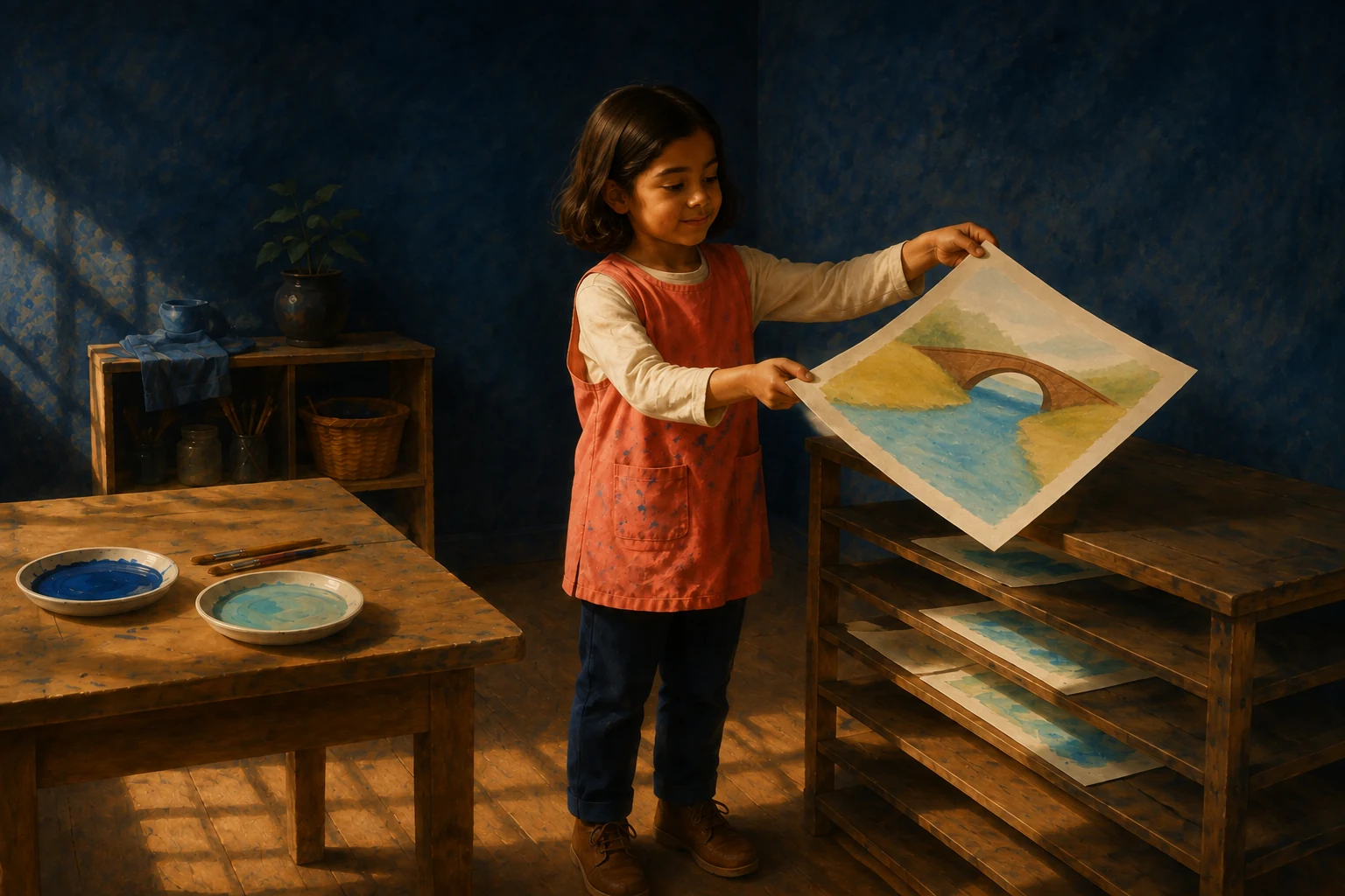 Holding the river picture by its edges, Leni carries it toward the wooden drying shelves.