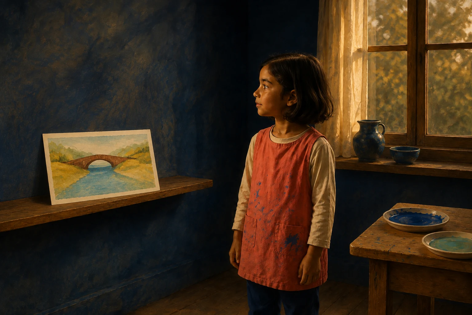 Leni stands beside her finished river picture propped on a shelf while evening light enters the window.