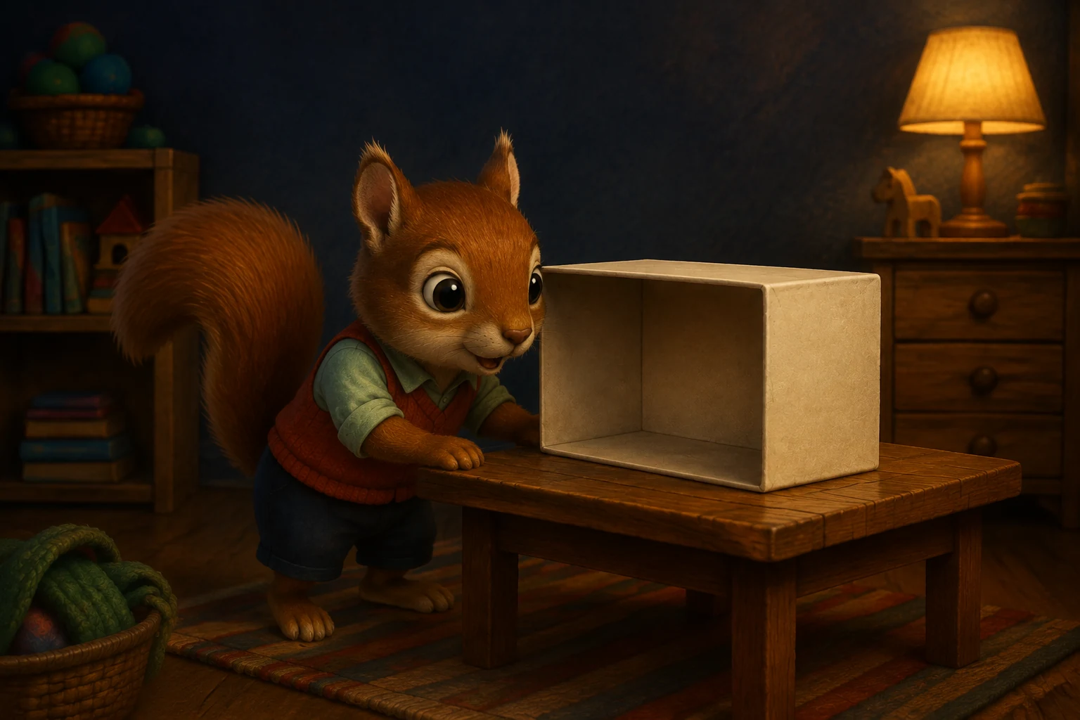 Raff, a small chestnut squirrel in a rust vest, looks into an empty cream shoebox resting sideways on a low wooden table.