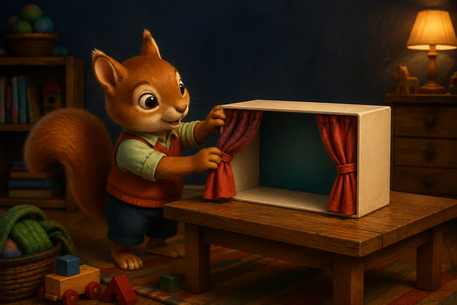 Raff arranges red curtains at the open front of his cream shoebox theatre, with a dark teal backdrop inside.
