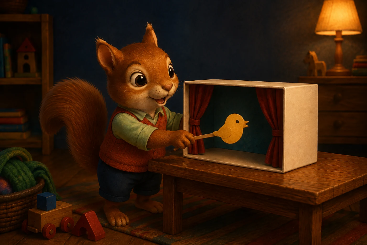Raff holds a yellow paper bird on one wooden stick in front of the little theatre's red curtains.