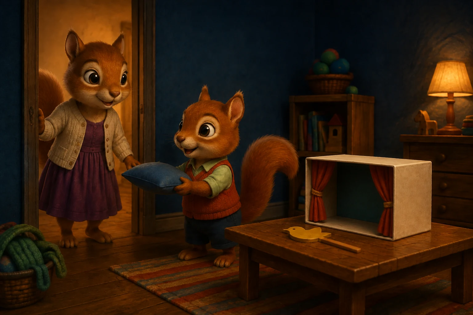 At the doorway, Raff offers Cleo a blue cushion while the paper bird and its stick lie on the table.