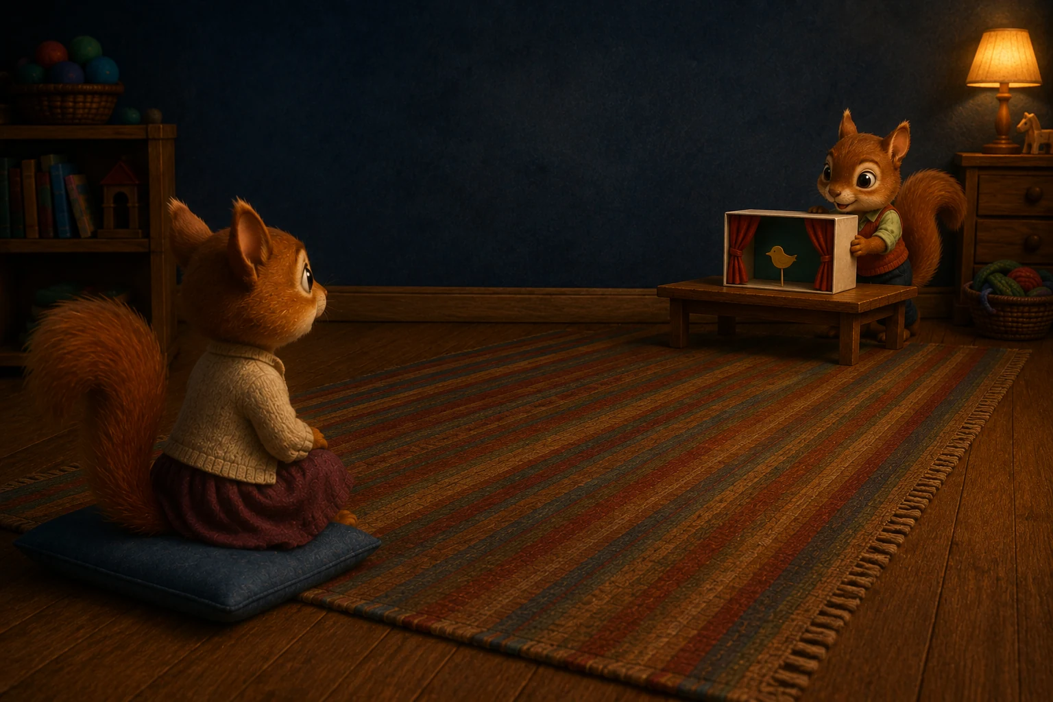 Cleo sits on a blue cushion at the far end of a long rug, facing Raff and the tiny bird in his distant theatre.