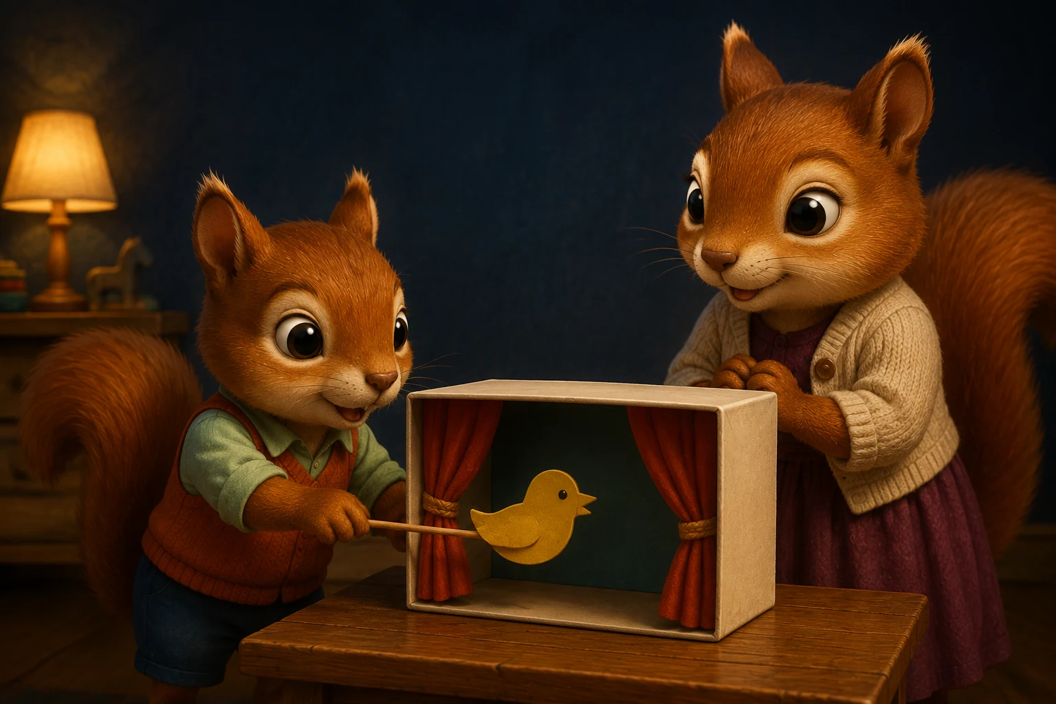 Raff moves the yellow paper bird inside the open shoebox theatre as Cleo watches with her paws together.
