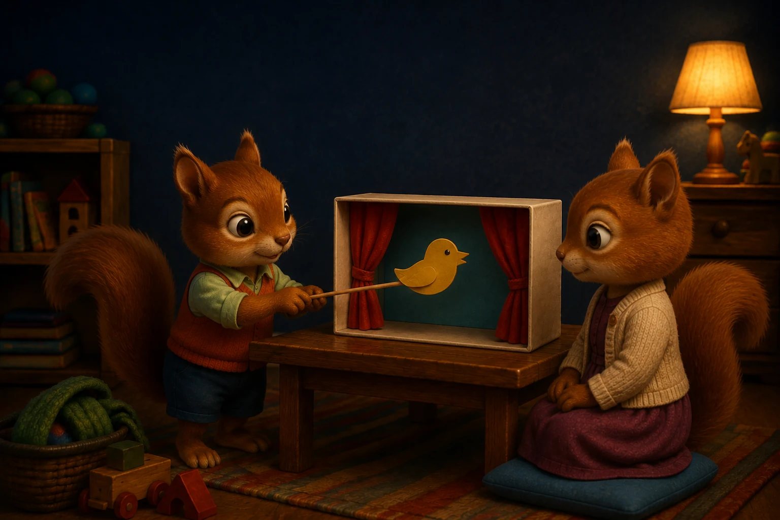 Raff holds the paper bird quietly at the centre of the little stage while Cleo sits close and listens.