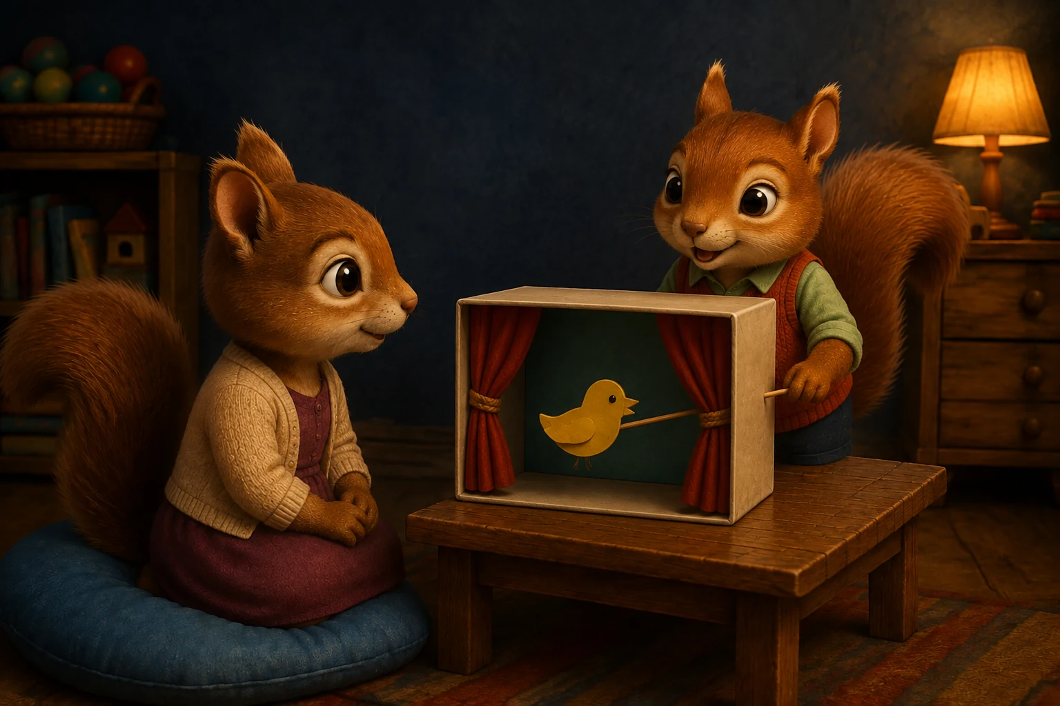 Raff and Cleo look toward each other across the small theatre as the yellow paper bird faces its audience.