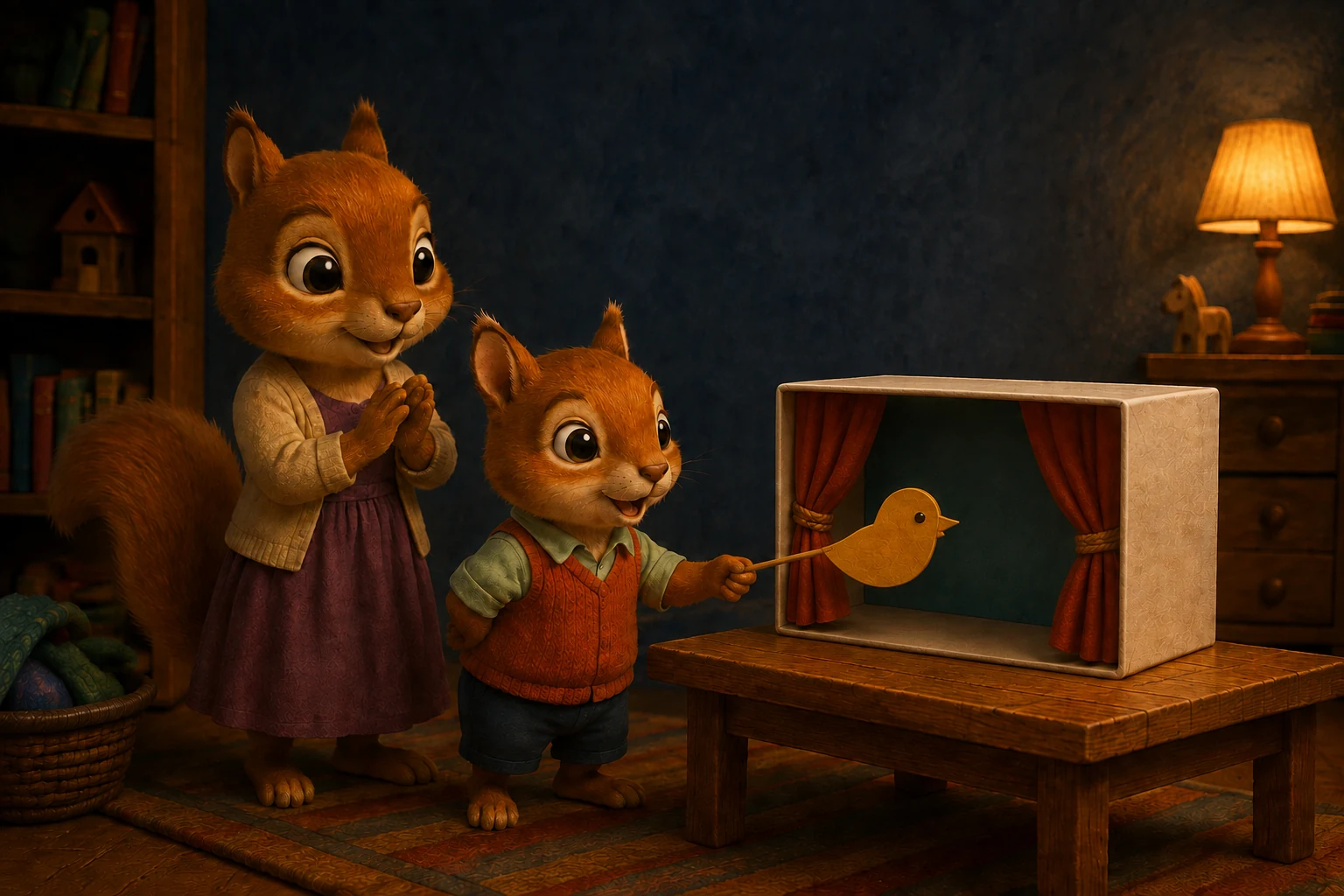 Cleo claps her two paws while Raff presents the yellow bird on a single straight wooden stick before the red curtains.