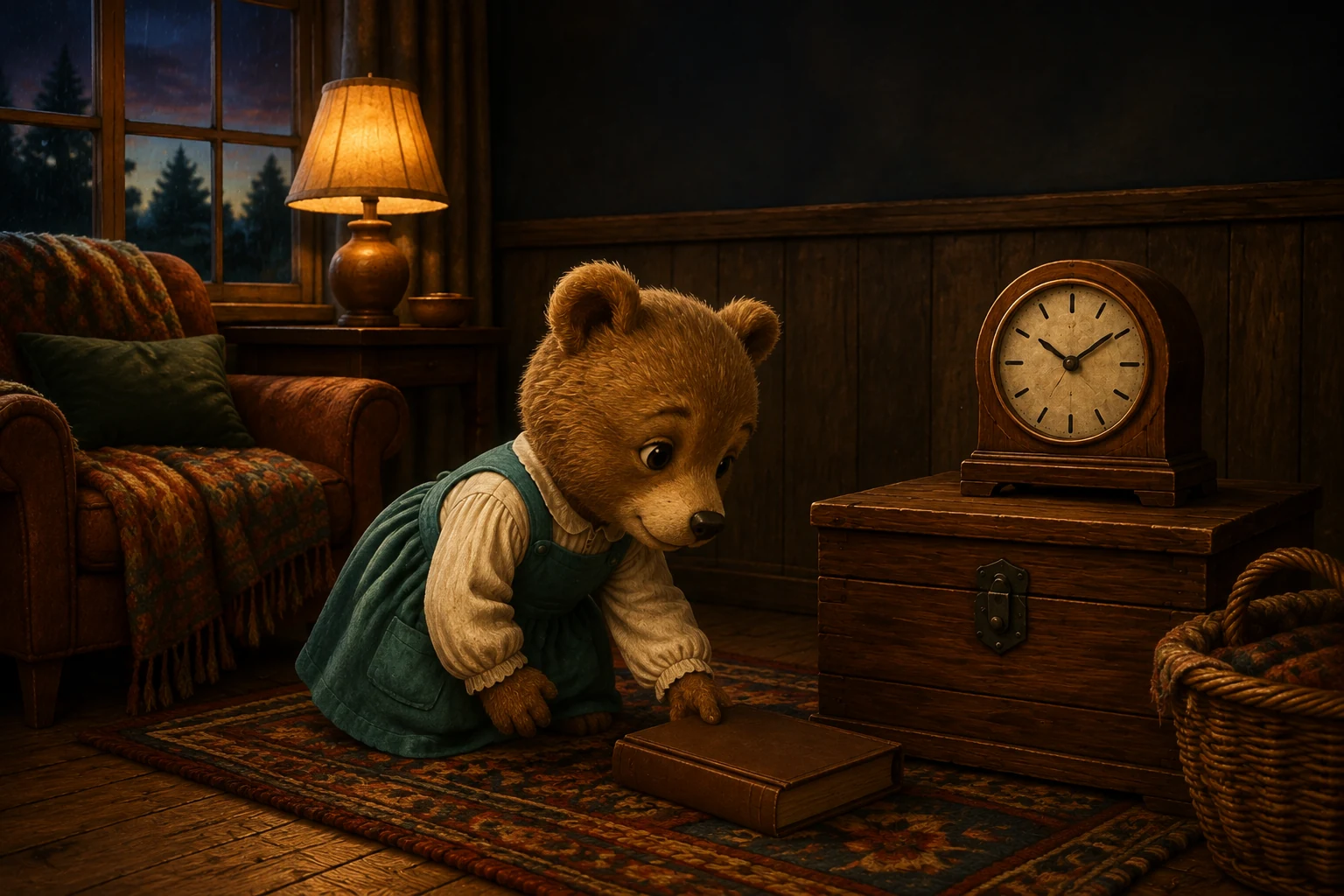 Pru kneels to choose a closed book beside the little wooden clock in the lamplit room.