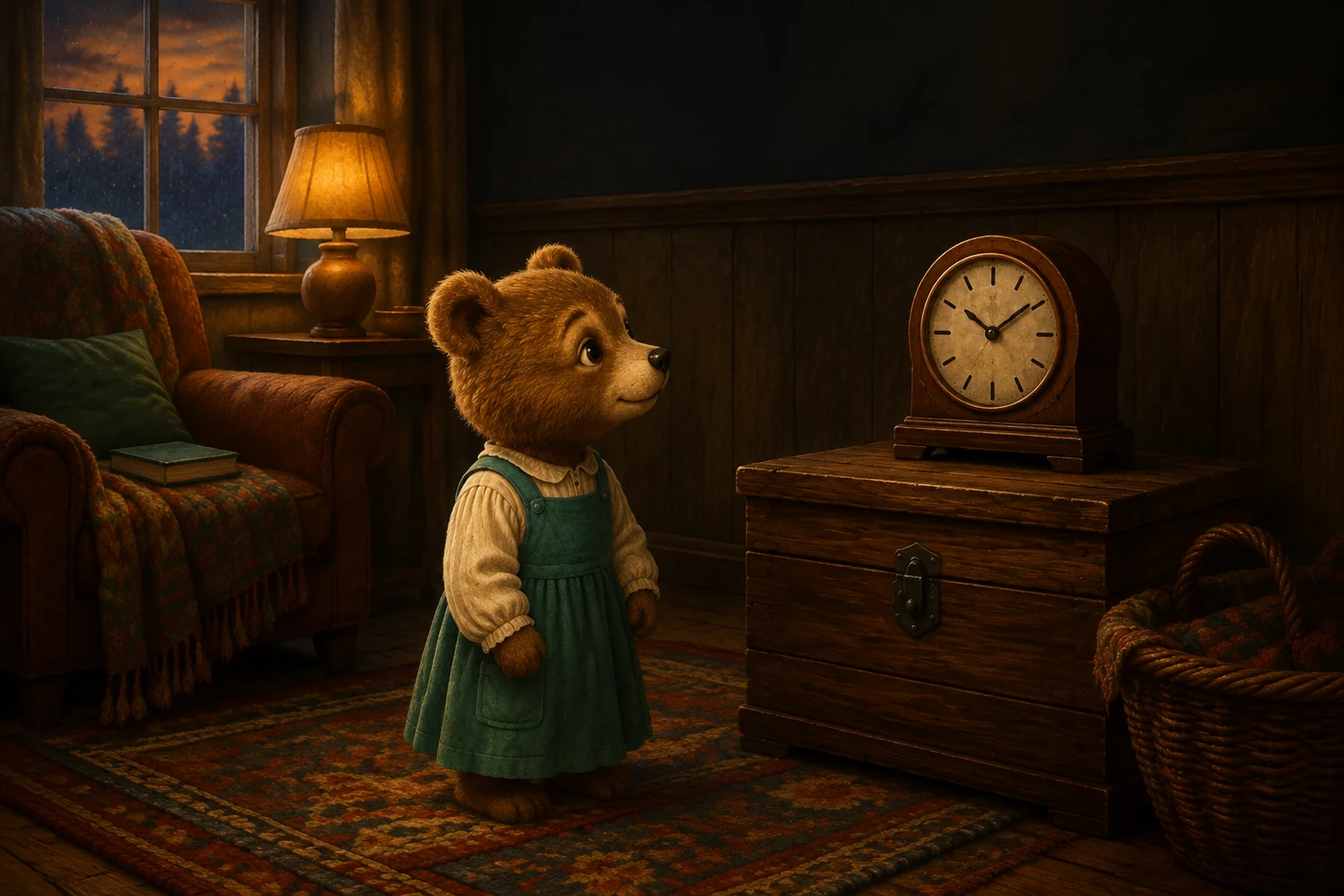 Pru stands very still on the rug, looking toward the silent clock on its wooden chest.