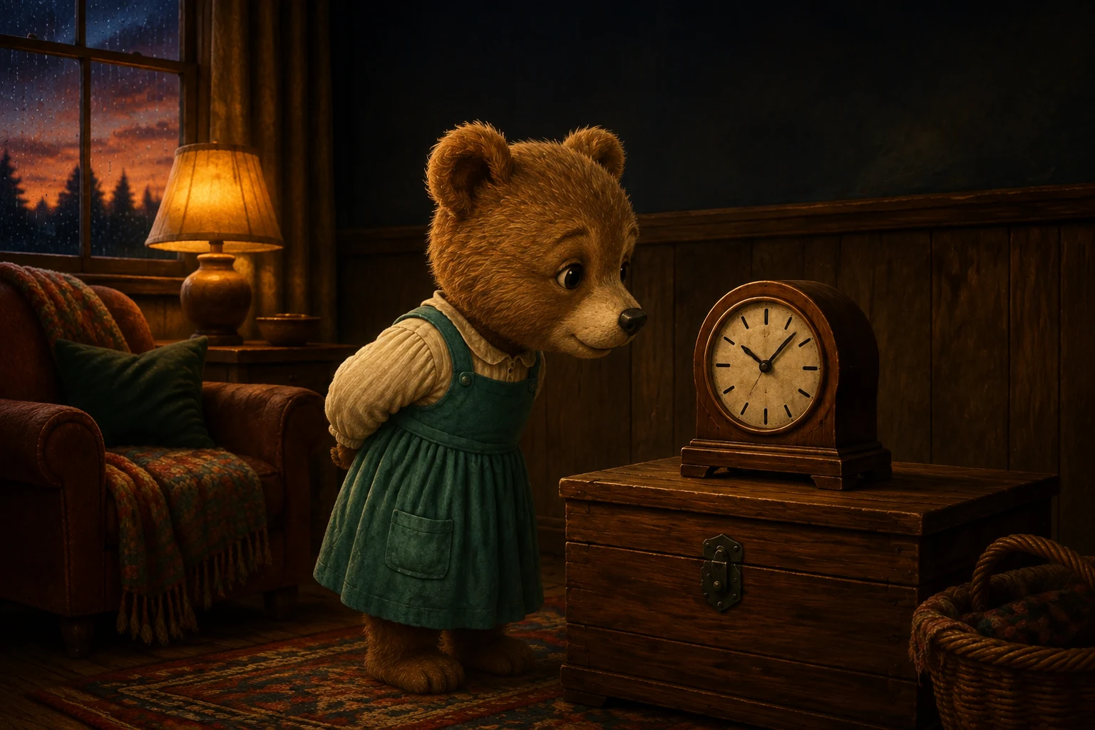 With both paws behind her back, Pru leans close to the clock and listens.