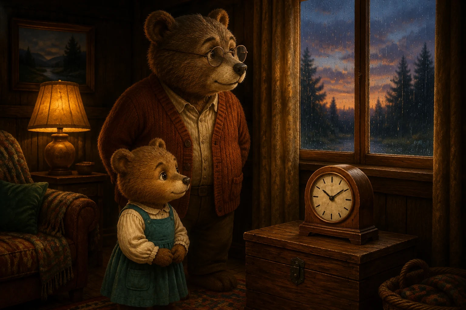 Grandad stands beside Pru and glances toward the evening window while the clock remains on the chest.