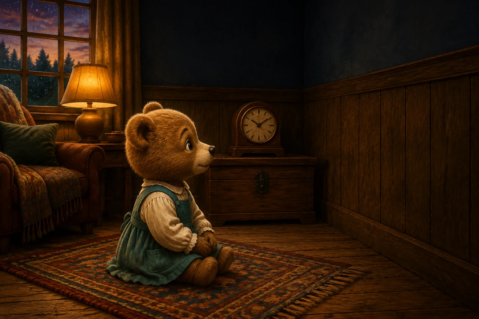 Pru sits alone on the rug facing the wooden wall, listening for another small sound.